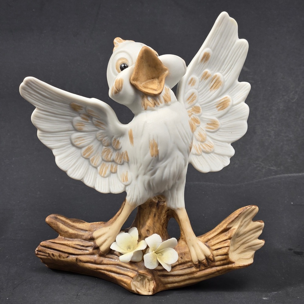 Vintage Porcelain Bird Figurine Owl on Branch Flowers Bisque Figurine
